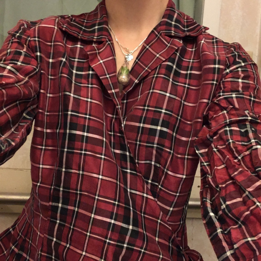 100% silk plaid blouse with sashes